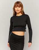 Cropped Top with Strass Cord Lace Up | Black
