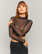 Mesh Cropped Top with Strass | Black